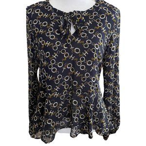 NWT Chain Print Tie Neck Long Sleeve Peplum Top XS